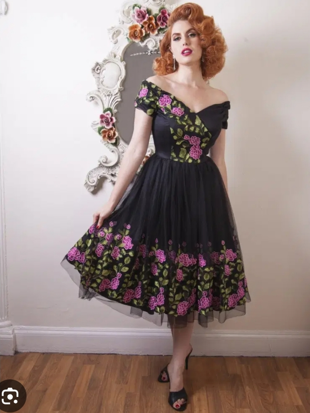 The Pretty Dress Compan Black Tulle Dres with Pink Floral Embroidery